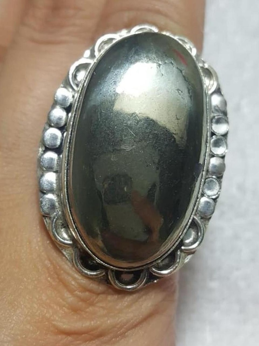 Oval Golden Pyrite 925 Silver Statement Ring - Dark Gray